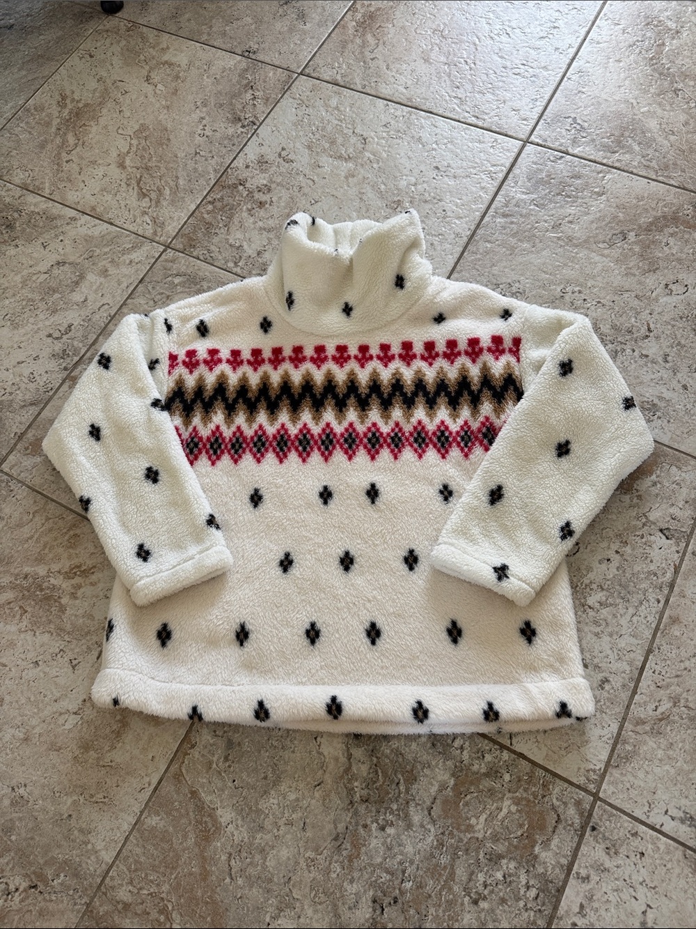 LOFT White Sherpa Turtleneck Fleece Pullover with Red Tan & Black Pattern